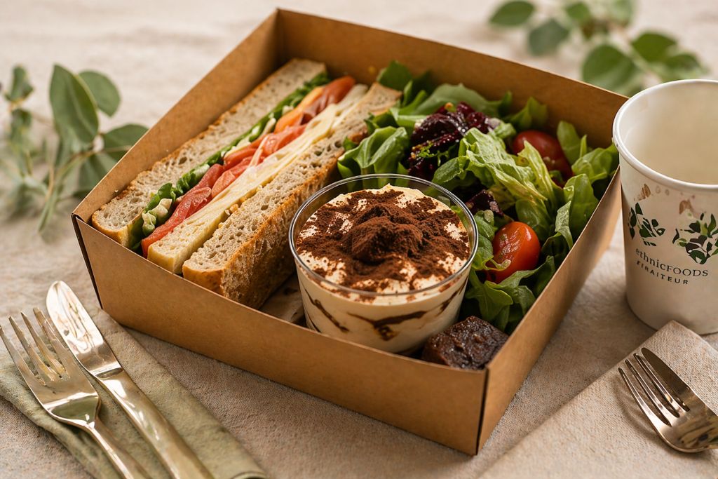 Lunch meeting sandwich salade dessert